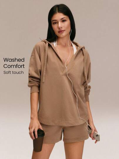 GLOWMODE Codzienna bluza z kapturem Terry Cozy Motivation, miękka, oddychająca, odprowadzająca pot, vintage wash, oversize, z głębokim dekoltem w serek, codzienna odzież casualowa