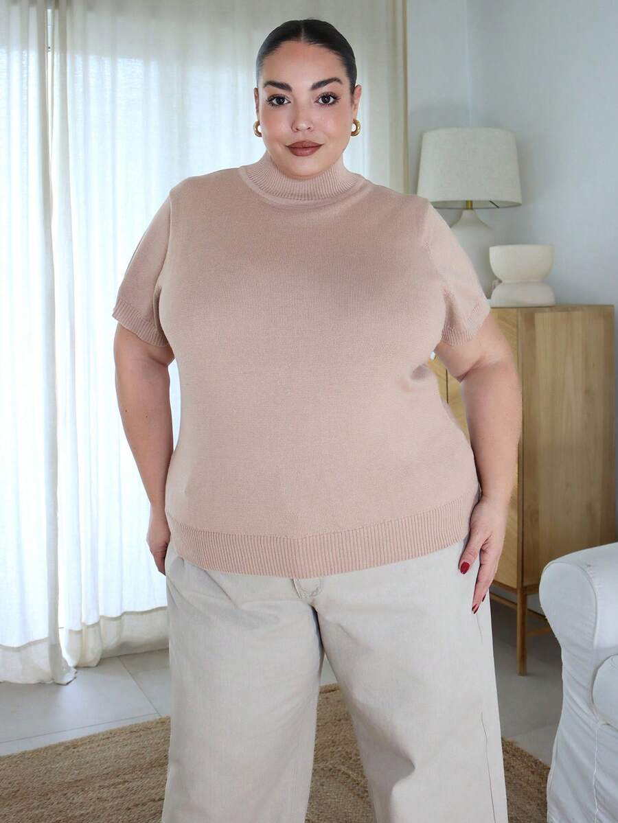 Pretty and Ole 紧身修身针织短袖套衫 - 杏色 - 查看 1