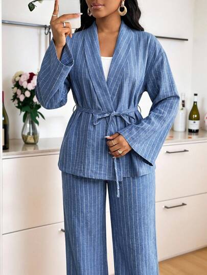 SHEIN Lady 女士条纹长袖上衣和裤子两件套