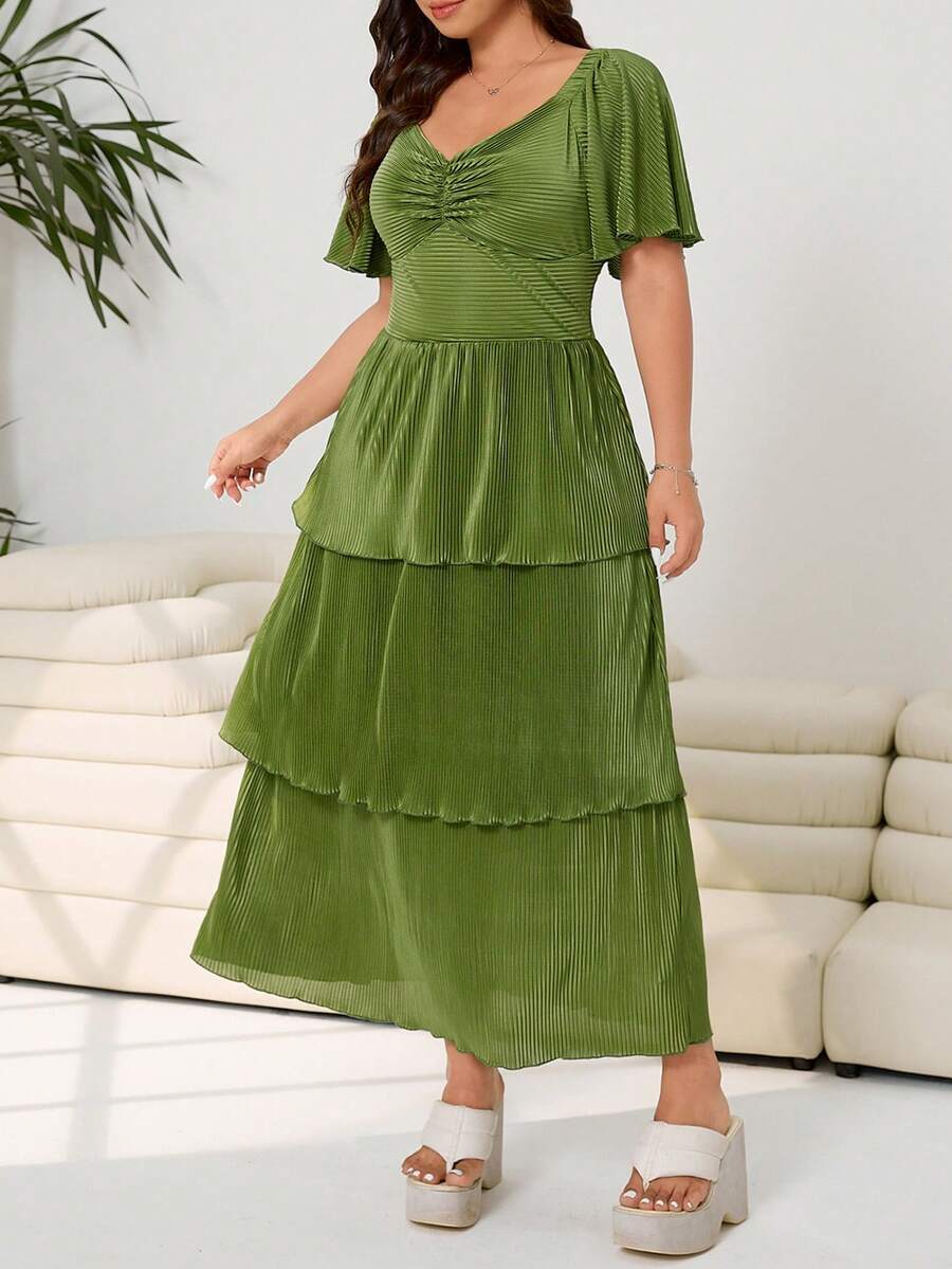 SHEIN EZwear Plus Size Women V-Neck Ruched Waist Elegant Cocktail Party Dress, Spring/Summer - Green - View 1