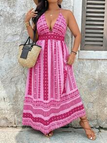 SHEIN VCAY Plus Size Pink Digital Print Fitted Waist Vacation Style Deep V-Neck Halter Backless Tie Dress - Hot Pink - View 7