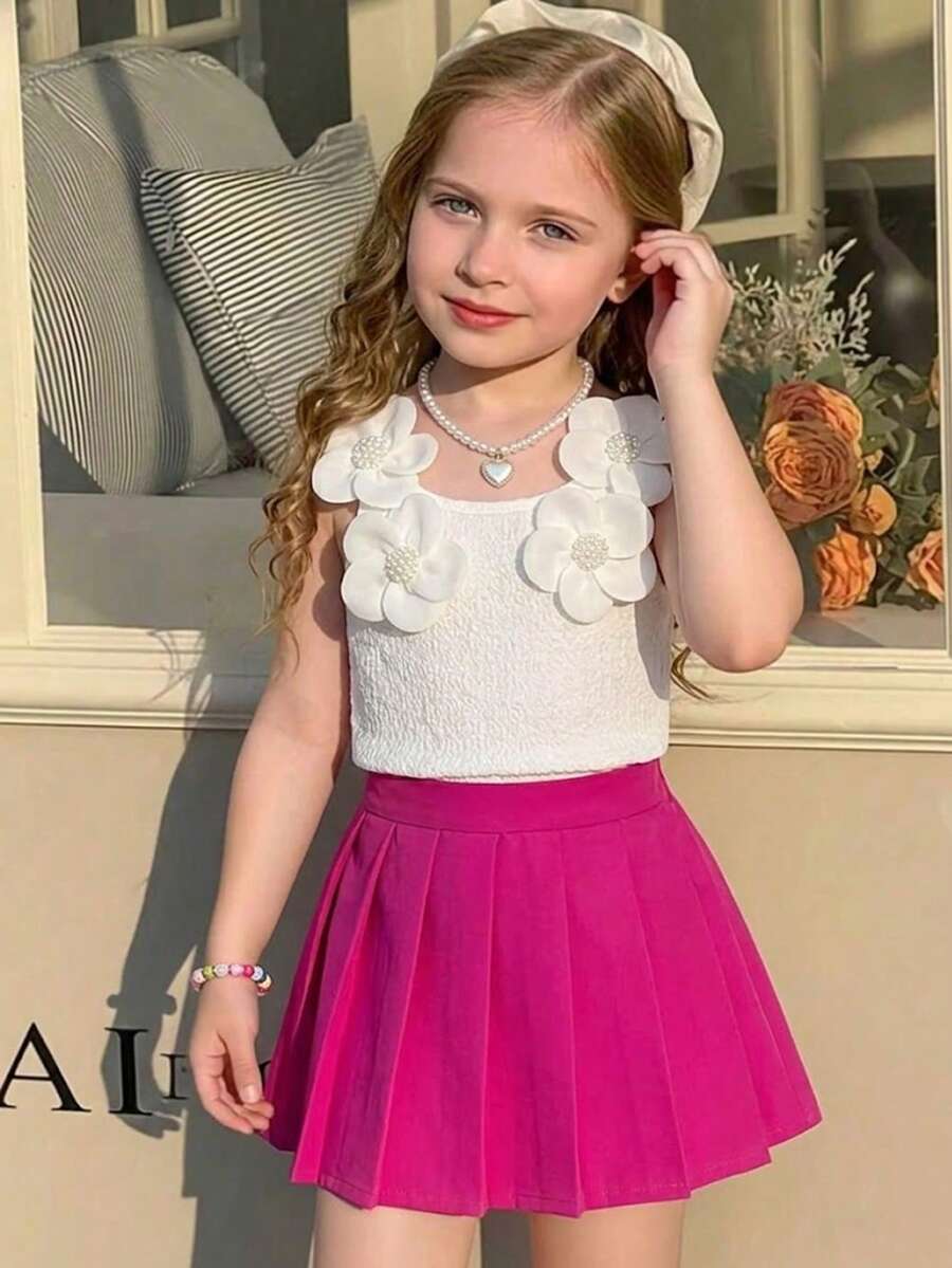 Elladie kids 2pcs/Set Young Girl' Casual Elegant Cute Sweet Pearl 3D Flower White Camisole + Pink Pleated Mini Skirt Outfit, Suitable For Travel, Vacation And Various Occasions, Summer Set - Multicolor - View 1