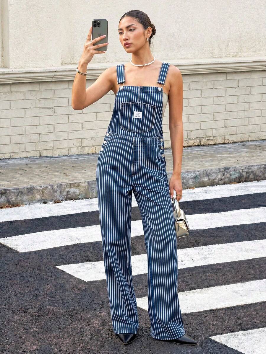 SHEIN EZwear Quần yếm denim kẻ sọc dành cho nữ, thích hợp mặc đi làm hàng ngày. - Rửa trung bình - Xem 1