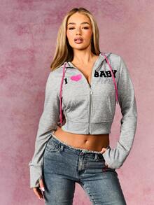 BABYPHAT Women's Cropped Zip-Up Hoodie With Heart Print And Drawstring Hood For Casual Streetwear Style - Grey - View 1