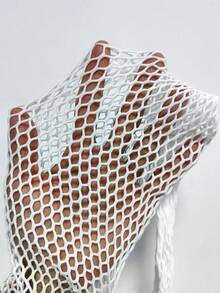 Swim Vcay Hollow Out Fishnet Round Neck Long Sleeve Summer Holiday Beach Cover-Up Dress,Summer Beach - White - View 5