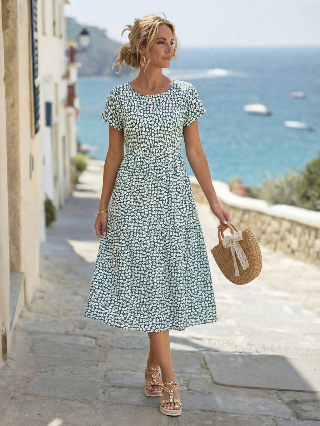 Vestido floral bajo con fruncido