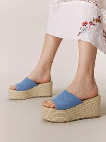 Styleloop Women's Slope Heel Platform Sandals, Summer Open-Toed Bohemian Vacation Sandals, Hemp Rope Woven Roman Beach Sandals, Buckle Dress Shoes, Suitable For Vacation Season, Spring And Summer, Bohemian Style, Vacation Wear, Travel Essentials - Blue - View 7