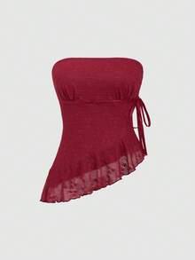 Sweetra Y2K Sexy Tube Top With Lace Bow Asymmetrical Hem Blouse - Burgundy - View 4