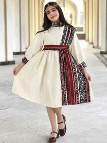 少女休閒簡約舒適小立領圖案拼接傳統阿拉伯風 Ramadan Abaya 素色洋裝 - 米色 - 查看 2