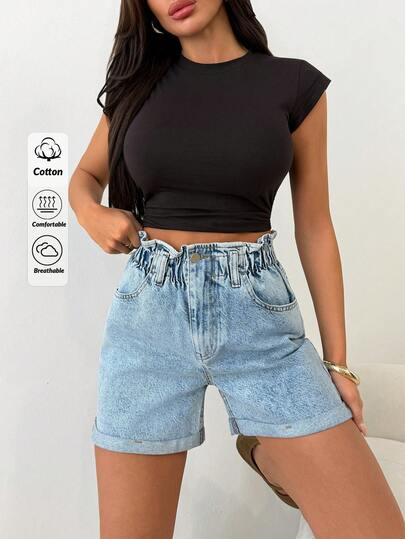 SHEIN Short en jean délavé à la javel, ourlet roulé, taille élastique, confortable