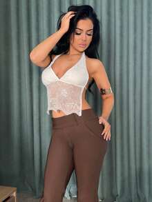 Vassilux Women's Fashion Casual Retro Pocket Flare Leg Pants, Old Money, Business Casual Woman,Going Out Outfits,Back To School,Chocolate Flared Pants,Casual Trousers,Vintage Trousers,Fall - Coffee Brown - View 4