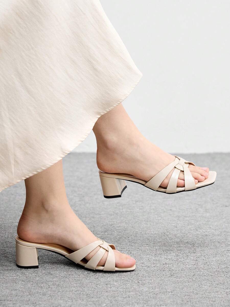 CUCCOO BIZCHIC 女士杏色交叉绑带厚底高跟凉鞋,方头舒适高跟凉鞋,通勤款凉鞋 - 杏色 - 查看 1