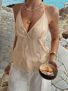 Lucivie Blusa casual y elegante, sexy y vintage de color beige con escote halter profundo en V, adornada con lentejuelas - Blusa brillante para fiestas de verano, top corto chispeante y seductor para citas, adecuado para uso diario, atuendo de oficina, vacaciones relajantes, citas románticas, días escolares, vacaciones en la playa - Dorado - Ver 5