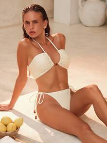 Swim Chiccia New Pleated Bandeau Bikini Set, Beaded Decor Tie-Up Two Pieces Swimsuit Bikini Set For Women Bathing Suits For Women Summer Beach Wear Bikini Bikinis For Women Padded Swimwear For Women - Apricot - View 1