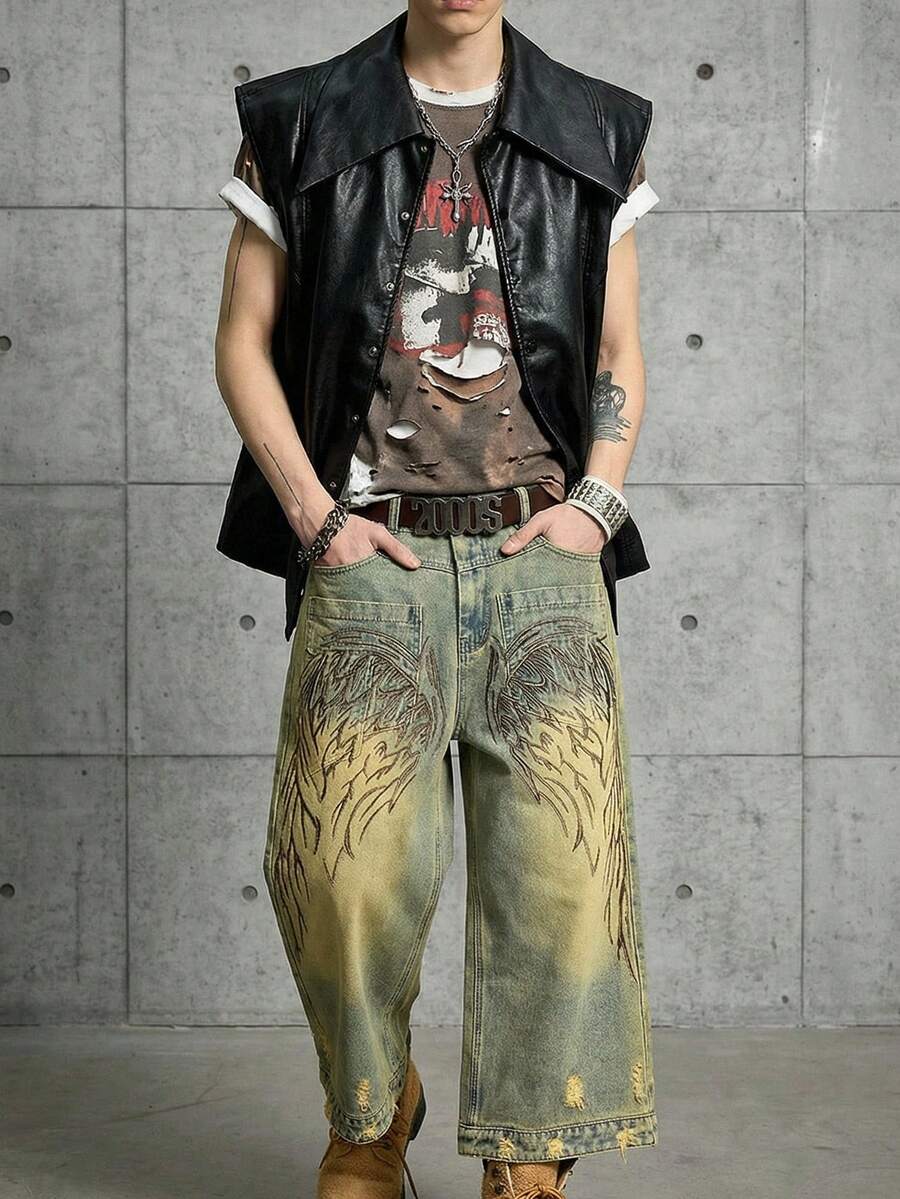 ROMWE MEN Street Life Men's Street Fashion Hip Hop Asymmetrical PU Leather Tank Top - Black - View 1