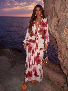 SHEIN Allurite White And Red Print Printing V Neck Backless Sheer Long Sleeve Maxi Dress,Elevated Elegance Dress,Prom Dresses,Rave Outfits Festival,Streetwear,Concert Outfit,Club Outfits,Date Night Outfits,Women Birthday Outfits,Autumn And Winter Dress,Party Must Have,Christmas Outfits,Valentine Dress,New Year Dress,Wedding Party Dress - Multicolor - View 3