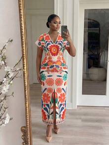 SHEIN Lady CURVE Đầm dự tiệc/hẹn hò thanh lịch cổ chữ V in hoa dành cho nữ cỡ lớn - Nhiều màu - Xem 6