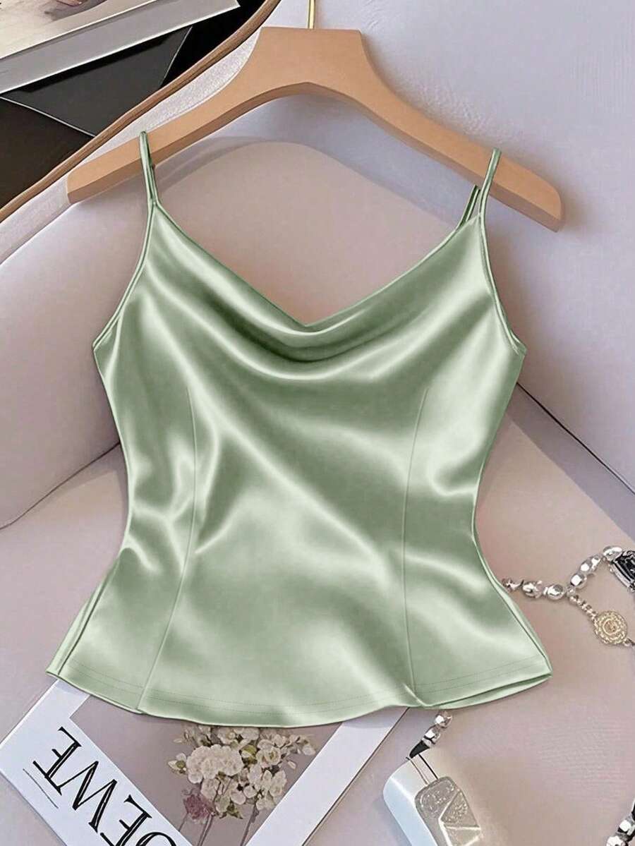 GlowEve Women's Shiny Woven Fabric Sleeveless Slim Fit Vest, Suitable For Daily Wear And Layering, Spring/Autumn/Winter - Green - View 1