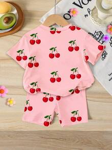 SHEIN 1 Set Toddler Girls' Sweet Cute Cherry Fruit Pattern Vacation Style Printed Short Sleeve Round Neck T-Shirt And Shorts Suitable For Spring To Summer - Multicolor - View 2