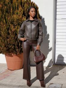 Yess Loren Spring New Vintage Leather Jacket, Short Style, Regular Fit, Women's Jacket For Valentine's Day Fall,Winter - Brown - View 4