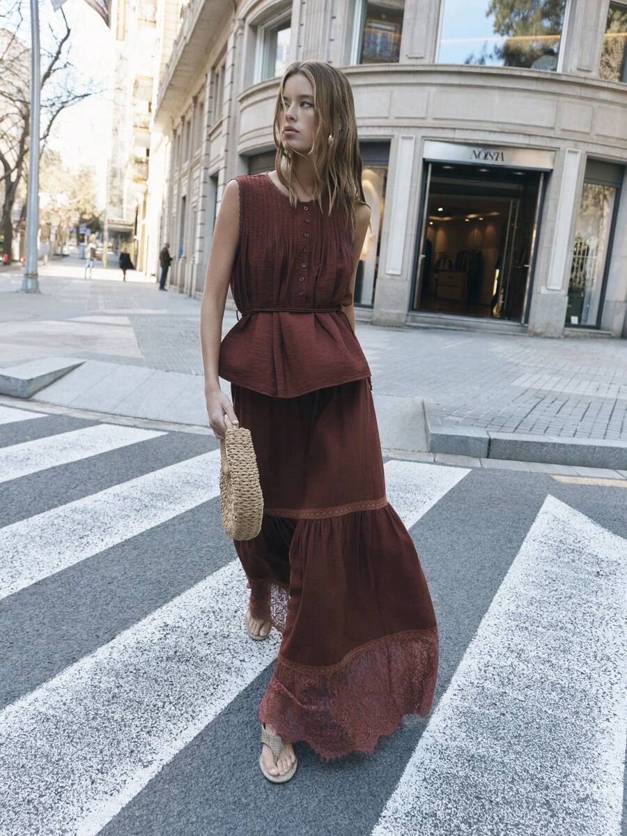 Nöista Wo Pieces Set With A Buttoned Top And Waist Tie.The Long Skirt Includes Lace Trim.Spring, Summer, Formal Event, Every Day Look Coordinated. - Burgundy - View 1