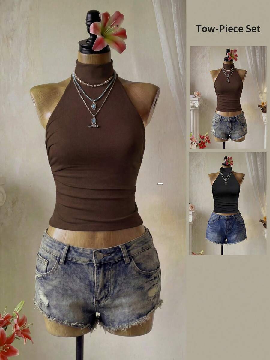Femesol Áo crop top hở lưng không tay màu đen và nâu 2 mảnh, áo, áo thanh lịch cao cấp, áo dạ hội, áo rave lễ hội, thời trang đường phố, áo sinh nhật nữ, áo thu đông, áo Halloween, áo lấp lánh, áo hòa nhạc, áo câu lạc bộ, áo đêm hẹn hò - Nhiều màu - Xem 1