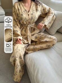 DAZY Bộ đồ ngủ nữ 2 món, chất liệu chiffon in họa tiết hoa văn, phối cúc trang trí, màu xuân. - Màu Khaki - Xem 4