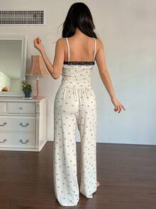 DAZY 2件套蕾丝拼接吊带背心和宽松直筒长睡裤套装，女士夏季睡衣 - 米色 - 查看 2