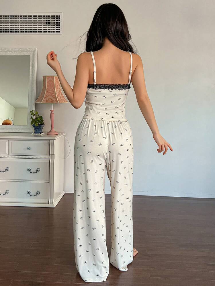 2pcs Lace Patchwork Camisole & Loose Straight Leg Long Pajama Pants Set, Women Summer Sleepwear