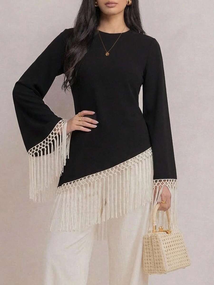 Veilorie Áo kiểu dáng mới, vạt áo bất đối xứng, phối màu, thắt eo tua rua, tay xòe, kiểu dáng thanh lịch. - màu đen - Xem 1