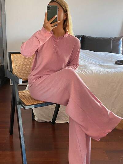 Conjunto de pijama holgado de punto con volantes para mujer