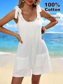 Swim Vcay Mono de verano para mujer con bolsillos, de estilo casual y suelto con nudo delantero, ideal para vacaciones - Blanco - Ver 4