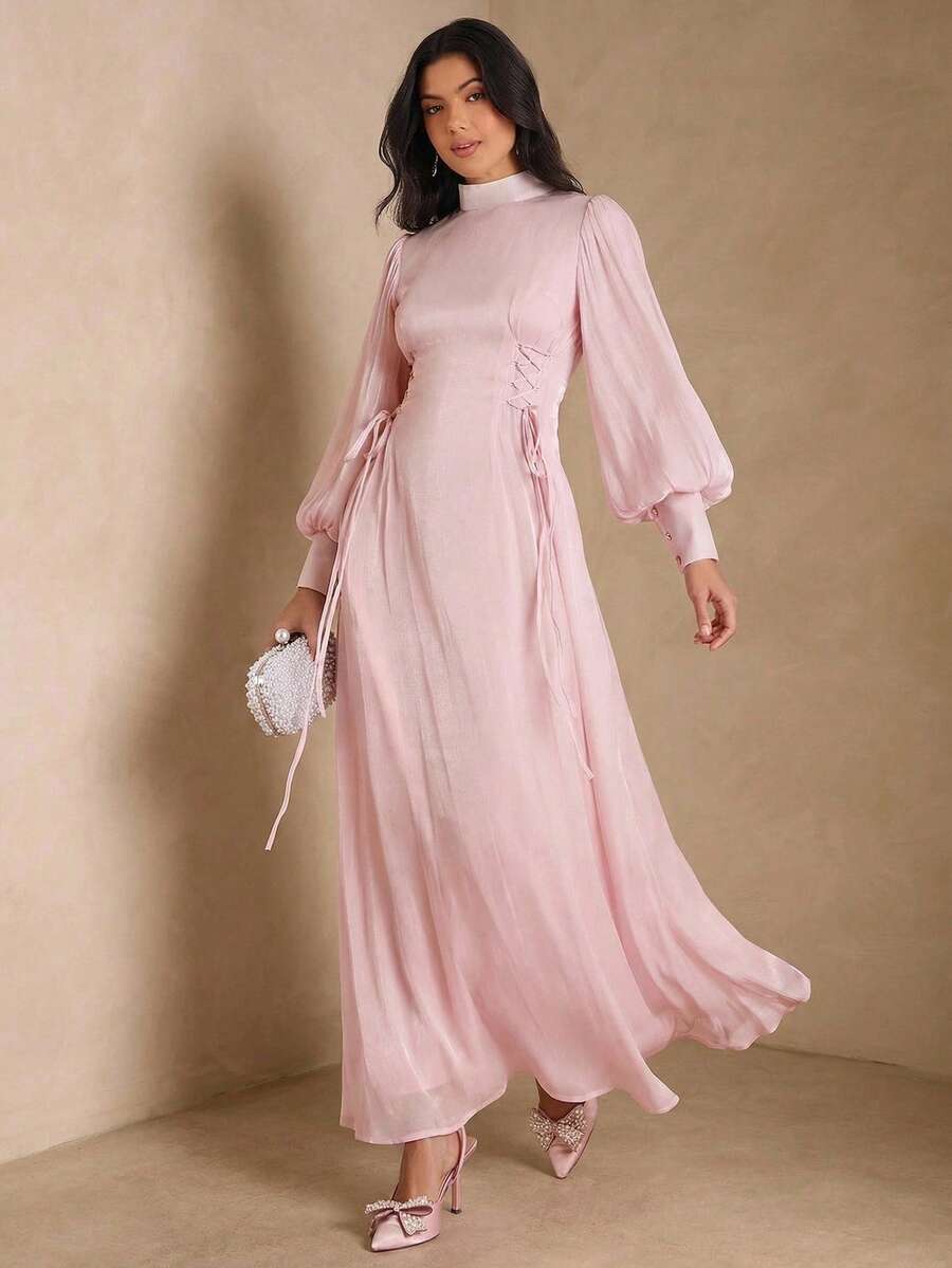 Enchnt Đầm ôm dáng kiểu Pháp thanh lịch màu hồng trơn, cổ đứng, tay phồng, thắt eo.