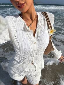 Nevyona White Casual Rib-Knit Sweater Co-Ords For Women Semi-Sheer Long Sleeve Plain Regular Length Loungewear Set - White - View 3