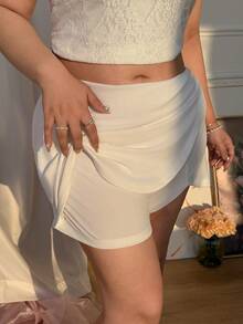SHEIN EZwear 大码纯色裹身短裙，侧拉链设计，显瘦，春夏款 - 白色 - 查看 7