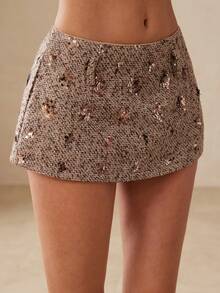 Zanirela Women's Taupe Sequin Embroidered Tweed Mini Skirt,Elegant Summer A-Line Night,Vintage Chic Floral Beaded Shorts Skort For Party Concert Events - Coffee Brown - View 4