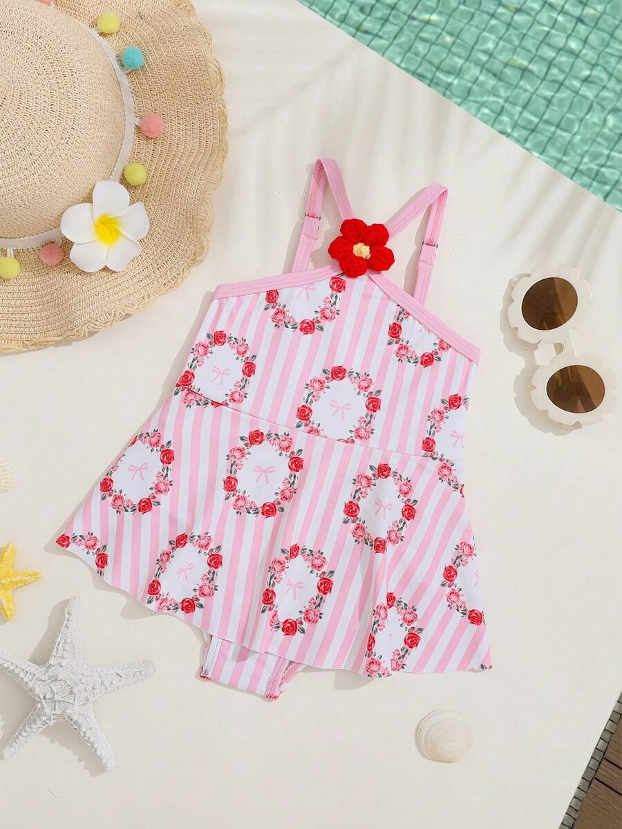 1 bộ áo tắm liền thân dệt kim in hoa cho bé gái, co giãn, nhanh khô, thoải mái, thích hợp cho hồ bơi, bãi biển, lướt sóng, kỳ nghỉ, du lịch mùa hè. - Hồng - Xem 1