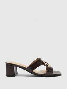 CUCCOO BIZCHIC Damen Sandalen mit Metallschnalle, einfarbig, klassischer Stil, geeignet für Büro und Pendeln, Sommer, quadratische Zehenkappe, Absatz dick - dunkelbraun - Übersicht 2