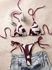SHEIN Swim Chicsea 26SS 优雅棕色波浪纹比基尼套装，适合海滩度假穿着，春夏款 - 彩色 - 查看 1