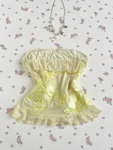 Elamini 女士黄色无肩带网纱荷叶边上衣，刺绣网纱优雅夏季上衣，百搭沙滩装、度假装、休闲外出装、约会装，春夏款 - 黃色 - 查看 2