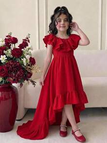 SHEIN Tween Girl Elegant Round Neck Multi-Layer Ruffle Front Short Back Long Dress Tween Girl - White - View 1
