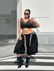 Muchica Plus Size Women Spring/Summer Mesh Patchwork Cropped Casual Versatile Daily Wear Top - Black - View 5