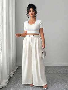 Elenzga Casual Plus Size Plain Long Straight Leg Woven Fabric Textured Pants Apricot With Exquisite Buttons And Comfort Pockets - Apricot - View 8