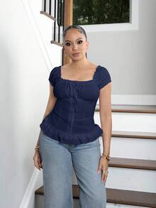 Melissa Matos Women's Summer Solid Color Ruffle Hem Tie Waist Short Sleeve Blouse - Navy Blue - View 5