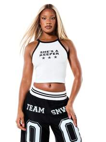 SUMWON WOMEN Contrast Raglan Sleeveless Tank Top With She's A Keeper Graphic Print And Star Detail, World Cup 2026 Sporty Game Streetwear Jersey - Black and White - View 3