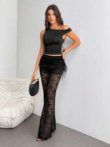SHEIN Tall Women's Retro Side Drawstring Street Fashion Slim Fit Lace Flared Pants - Black - View 4