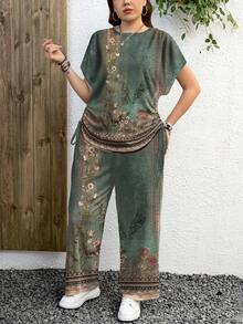 EMERY ROSE Conjunto informal de 2 piezas de talla grande con estampado floral verde - Camiseta de manga corta de murciélago y pantalones de pierna ancha, adecuado para el verano - Multicolor - Ver 5