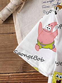 SpongeBob SquarePants | SHEIN 卡通字母印花短袖T恤，男童款 - 白色 - 查看 3
