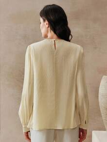 Anewsta Beige,Autumn,Elegant,Vacation,Holiday Women Blouse Coconut Tree Pattern Pearl Embroidered Chiffon Boho Modest Tops Lantern Sleeve Resort - Light Yellow - View 2