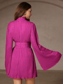 ia Rosie Vestido elegante y ligero de gasa con cuello alto, mangas acampanadas, diseño de cintura ceñida, adecuado para el Día de San Valentín, fiestas de Navidad, estilo europeo y americano - Rojo violeta - Ver 2